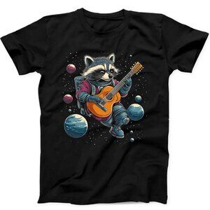 Astronaut Raccoon Guitar T-Shirt | Space Music Graphic Tee | Unisex Size S